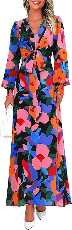 PRETTYGARDEN Women's Fall Boho Maxi Dress Floral Long Sleeve V Neck Flowy  Belted Elegant Holiday Party Dresses - Walmart.com