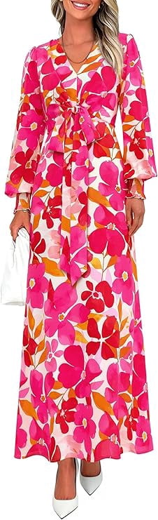 PRETTYGARDEN Women's Fall Boho Maxi Dress Floral Long Sleeve V Neck Flowy  Belted Elegant Holiday Party Dresses - Walmart.com