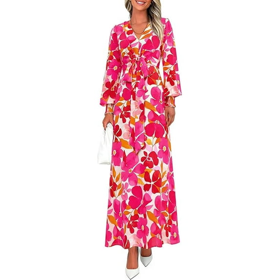PRETTYGARDEN Women's Fall Boho Maxi Dress Floral Long Sleeve V Neck Flowy Belted Elegant Holiday Party Dresses