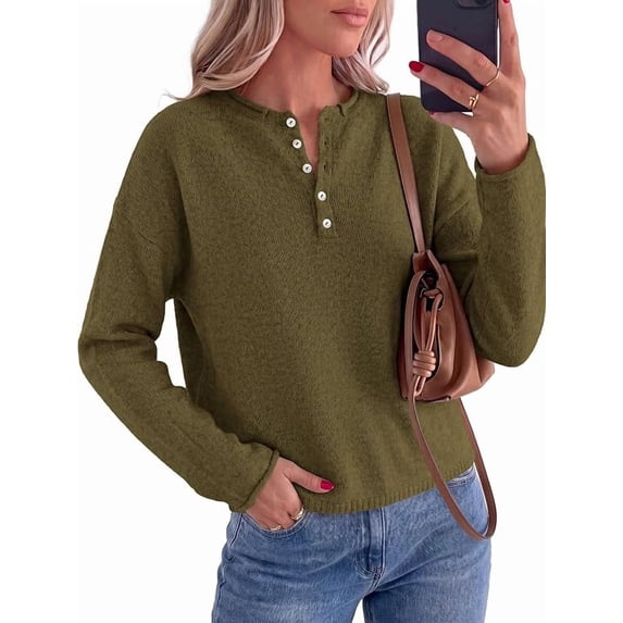 PRETTYGARDEN Women's Fall Button Up Cozy Pullover Sweaters | Stretchy Soft Knit, Drop Shoulder Long Sleeve Tops, Henley Crewneck Rolled Edge, Dressy Casual Blouses, Trendy Winter Clothes