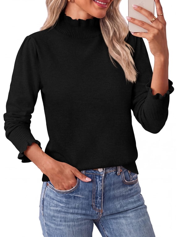 Women's Fall Cozy Sweaters Trendy Ruffle Mock Neck Pullover Soft Stretchy Warm, Ribbed Knit, Cute Tops, Puff Long Sleeve Blouses, Dressy Casual Shirts,Winter Clothing