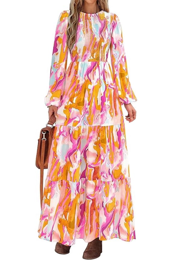 Women's Fall Dresses Long Sleeve Flowy Casual Floral Maxi Dress Crew Neck Smocked Tiered Long Dress