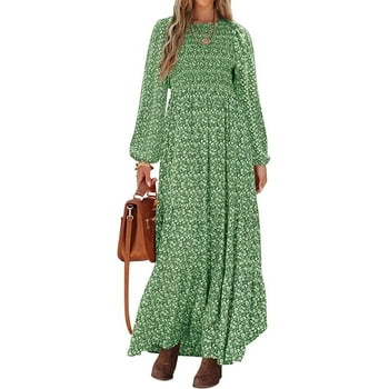 PRETTYGARDEN Women's Fall Dresses Long Sleeve Flowy Casual Floral Maxi Dress Crew Neck Smocked Tiered Long Dress