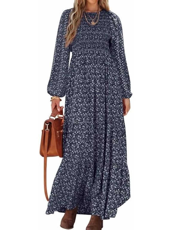 Women's Fall Dresses Long Sleeve Flowy Casual Floral Maxi Dress Crew Neck Smocked Tiered Long Dress