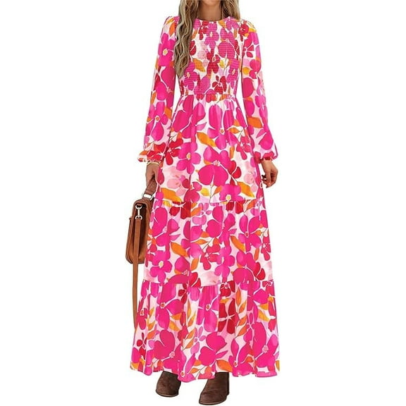 PRETTYGARDEN Women's Fall Dresses Long Sleeve Flowy Casual Floral Maxi Dress Crew Neck Smocked Tiered Long Dress