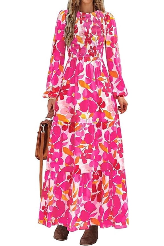 Women's Fall Dresses Long Sleeve Flowy Casual Floral Maxi Dress Crew Neck Smocked Tiered Long Dress