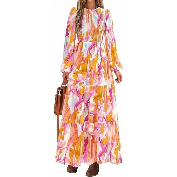 PRETTYGARDEN Women's Fall Dresses Long Sleeve Flowy Casual Floral Maxi Dress Crew Neck Smocked Tiered Long Dress
