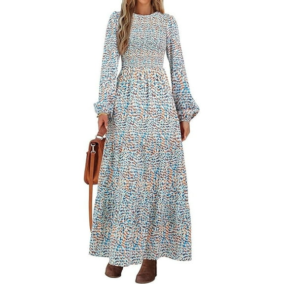PRETTYGARDEN Women's Fall Dresses Long Sleeve Flowy Casual Floral Maxi Dress Crew Neck Smocked Tiered Long Dress