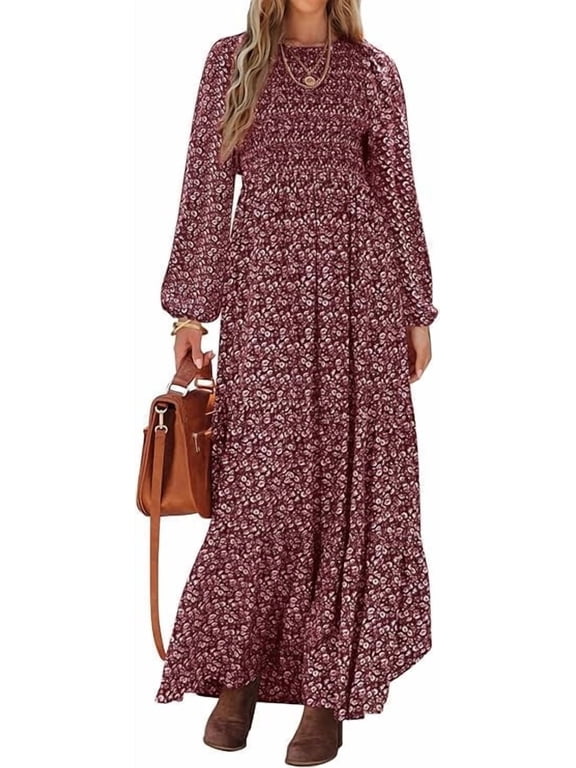 Women's Fall Dresses Long Sleeve Flowy Casual Floral Maxi Dress Crew Neck Smocked Tiered Long Dress