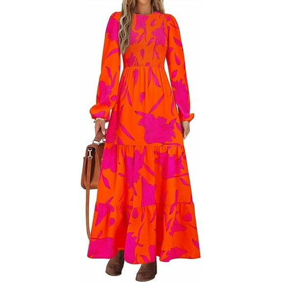 PRETTYGARDEN Women's Fall Dresses Long Sleeve Flowy Casual Floral Maxi Dress Crew Neck Smocked Tiered Long Dress