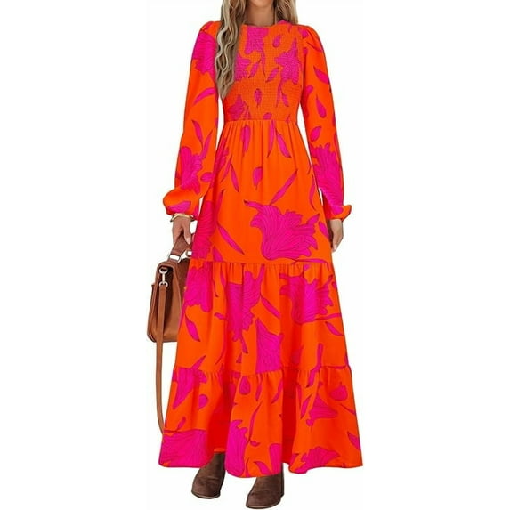 PRETTYGARDEN Women's Fall Dresses Long Sleeve Flowy Casual Floral Maxi Dress Crew Neck Smocked Tiered Long Dress