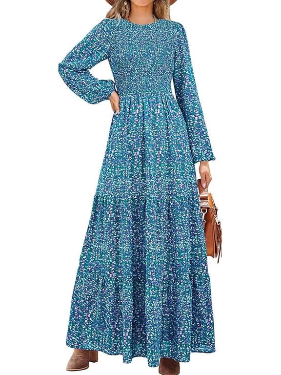 Women's Fall Dresses Long Sleeve Flowy Casual Floral Maxi Dress Crew Neck Smocked Tiered Long Dress