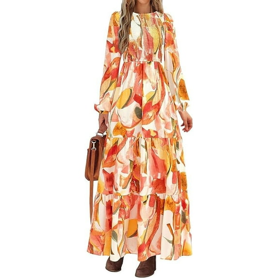 PRETTYGARDEN Women's Fall Dresses Long Sleeve Flowy Casual Floral Maxi Dress Crew Neck Smocked Tiered Long Dress