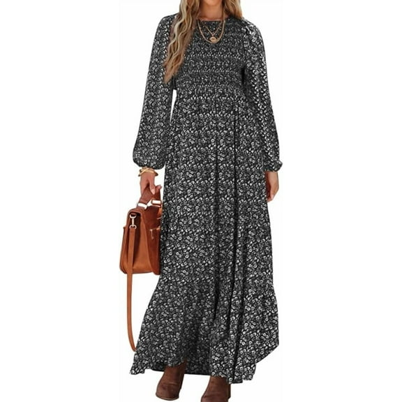 PRETTYGARDEN Women's Fall Dresses Long Sleeve Flowy Casual Floral Maxi Dress Crew Neck Smocked Tiered Long Dress