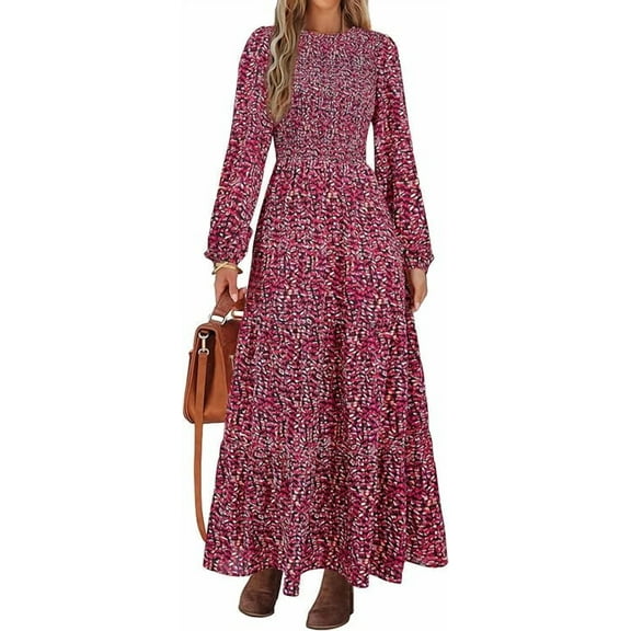 PRETTYGARDEN Women's Fall Dresses Long Sleeve Flowy Casual Floral Maxi Dress Crew Neck Smocked Tiered Long Dress