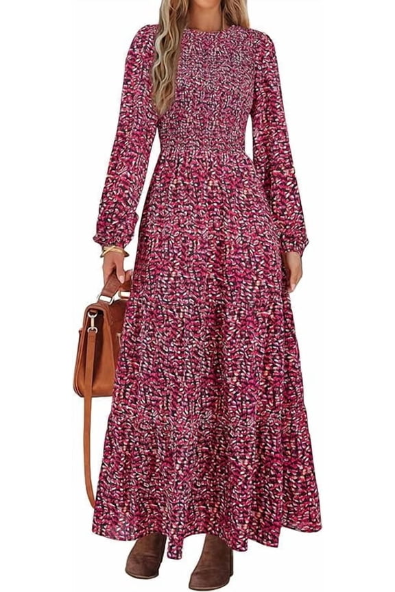 Women's Fall Dresses Long Sleeve Flowy Casual Floral Maxi Dress Crew Neck Smocked Tiered Long Dress
