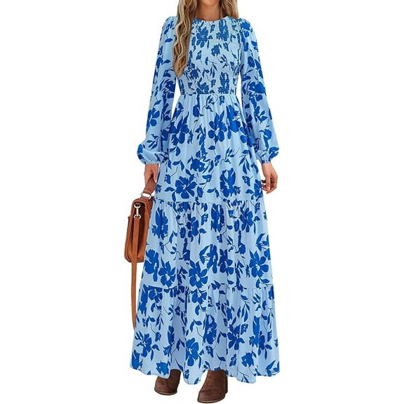 PRETTYGARDEN Women's Fall Dresses Long Sleeve Flowy Casual Floral Maxi Dress Crew Neck Smocked Tiered Long Dress
