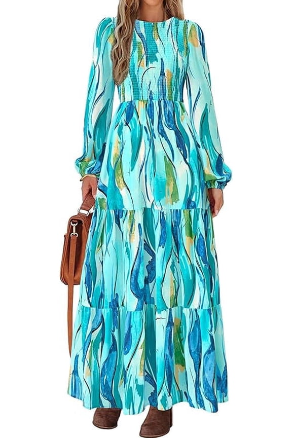 Women's Fall Dresses Long Sleeve Flowy Casual Floral Maxi Dress Crew Neck Smocked Tiered Long Dress