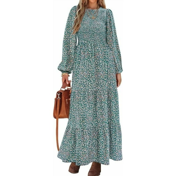PRETTYGARDEN Women's Fall Dresses Long Sleeve Flowy Casual Floral Maxi Dress Crew Neck Smocked Tiered Long Dress