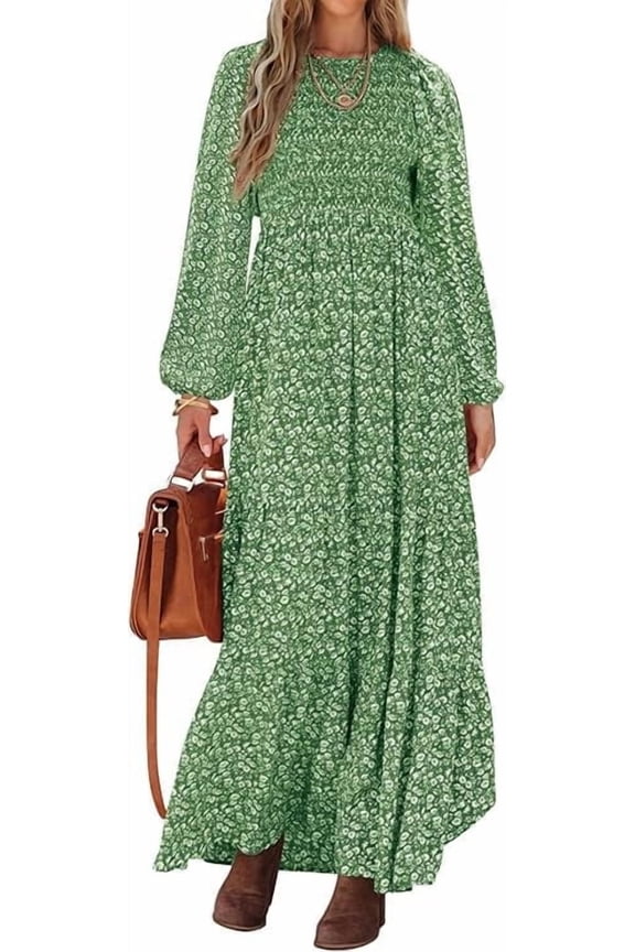 Women's Fall Dresses Long Sleeve Flowy Casual Floral Maxi Dress Crew Neck Smocked Tiered Long Dress