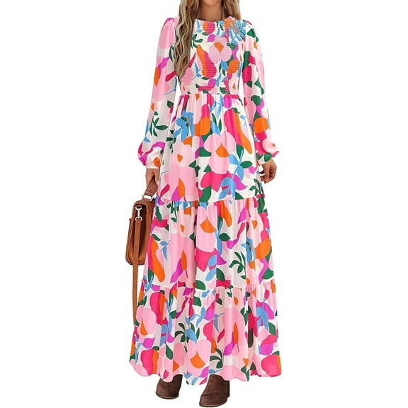 PRETTYGARDEN Women's Fall Dresses Long Sleeve Flowy Casual Floral Maxi Dress Crew Neck Smocked Tiered Long Dress