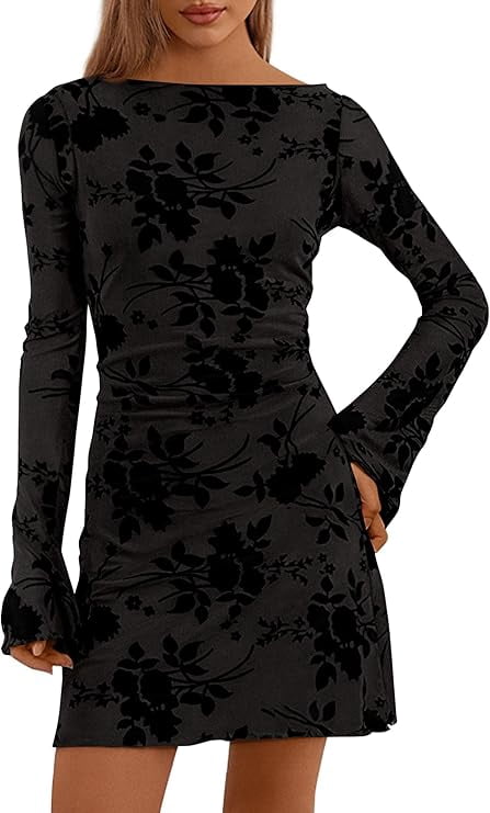 knee length dresses for ladies Ieena for Mac Duggal - Black Belted Floral Print Illusion Long Sleeve Gown