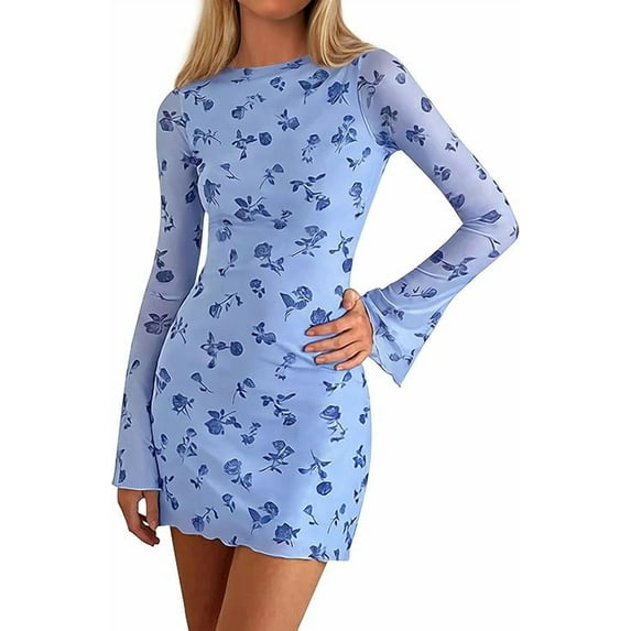 PRETTYGARDEN Women's Fall Fashion Floral Long Sleeve Mini Dress Mesh Bodycon Short Party Date Night Going Out Dresses