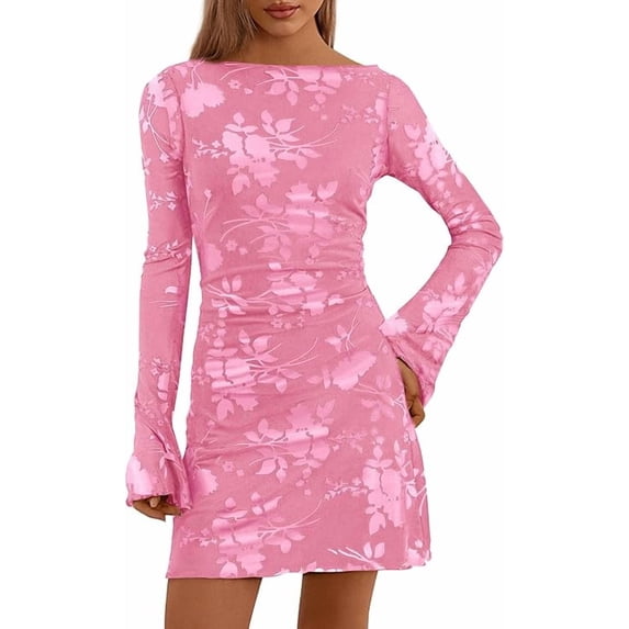 PRETTYGARDEN Women's Fall Fashion Floral Long Sleeve Mini Dress Mesh Bodycon Short Party Date Night Going Out Dresses