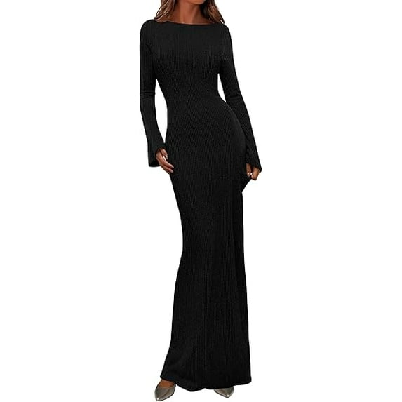 PRETTYGARDEN Women's Fall Fashion Long Sleeve Maxi Dress Ribbed Knit Boat Neck Bodycon Casual Dresses Going Out Outfits