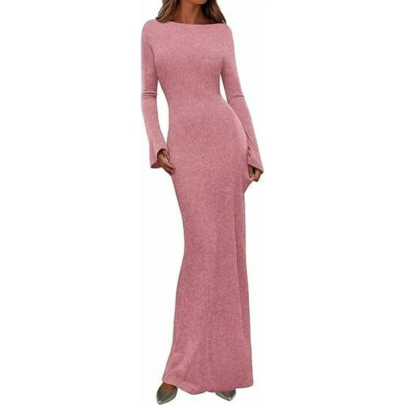 PRETTYGARDEN Women's Fall Fashion Long Sleeve Maxi Dress Ribbed Knit Boat Neck Bodycon Casual Dresses Going Out Outfits