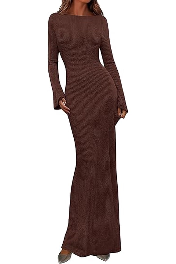 Women's Fall Fashion Long Sleeve Maxi Dress Ribbed Knit Boat Neck Bodycon Casual Dresses Going Out Outfits
