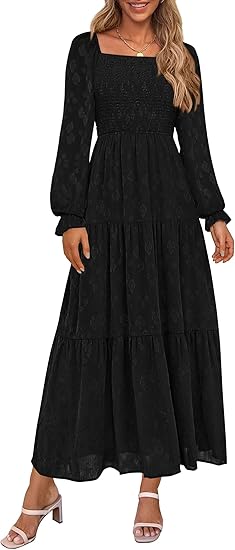Prettygarden Women's Fall Floral Midi Dress Long Sleeve Smocked A Line Long Flowy Elegant Wedding Guest Dresses, Size: 2XL, Black
