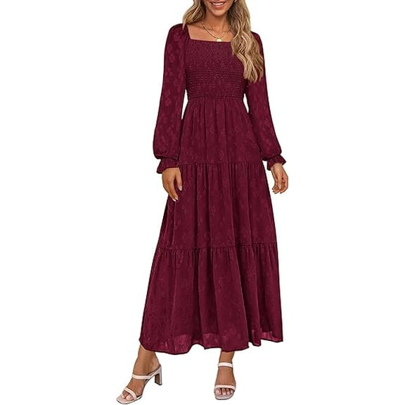 PRETTYGARDEN Women's Fall Floral Midi Dress Long Sleeve Smocked A Line Long Flowy Elegant Wedding Guest Dresses