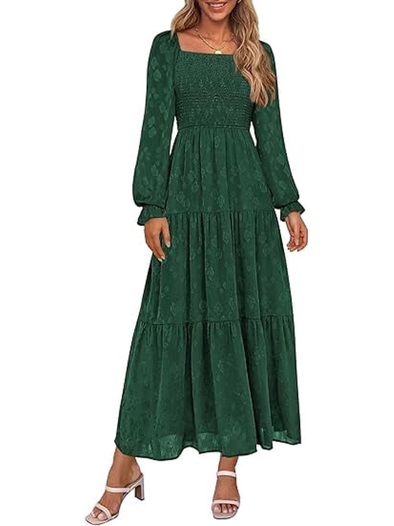 PRETTYGARDEN Women's Fall Floral Midi Dress Long Sleeve Smocked A Line Long Flowy Elegant Wedding Guest Dresses