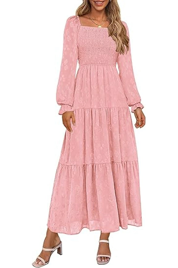 Women's Fall Floral Midi Dress Long Sleeve Smocked A Line Long Flowy Elegant Wedding Guest Dresses