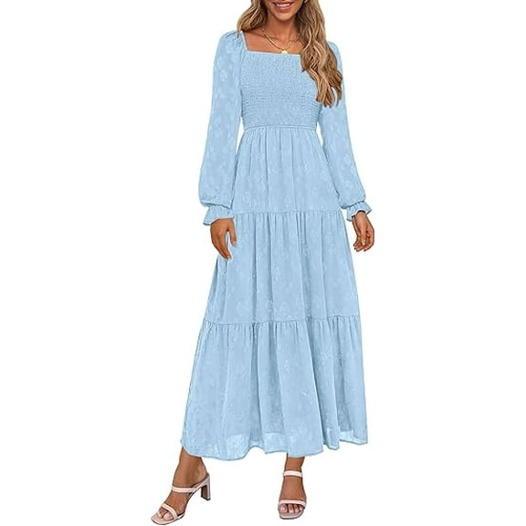 PRETTYGARDEN Women's Fall Floral Midi Dress Long Sleeve Smocked A Line Long Flowy Elegant Wedding Guest Dresses