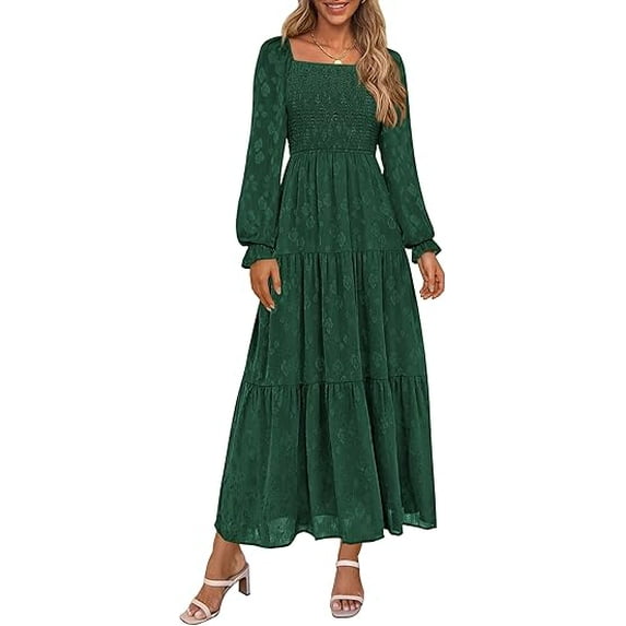 PRETTYGARDEN Women's Fall Floral Midi Dress Long Sleeve Smocked A Line Long Flowy Elegant Wedding Guest Dresses