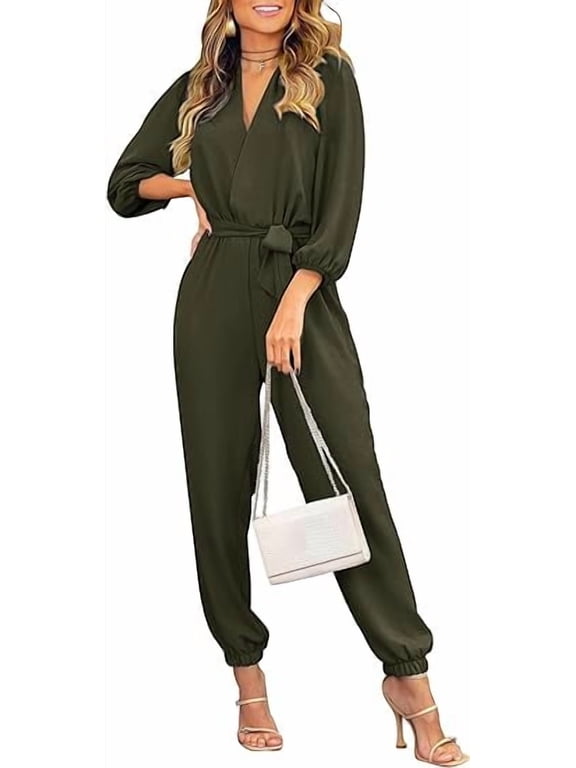 Women's Fall Jumpsuits Dressy Casual Pants Romper Spring Long Sleeve V Neck Belt Pockets One Piece Outfits