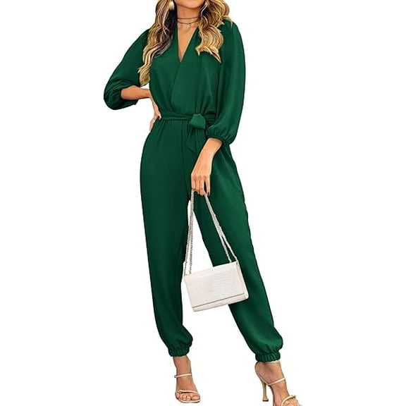 PRETTYGARDEN Women's Fall Jumpsuits Dressy Casual Pants Romper Spring Long Sleeve V Neck Belt Pockets One Piece Outfits