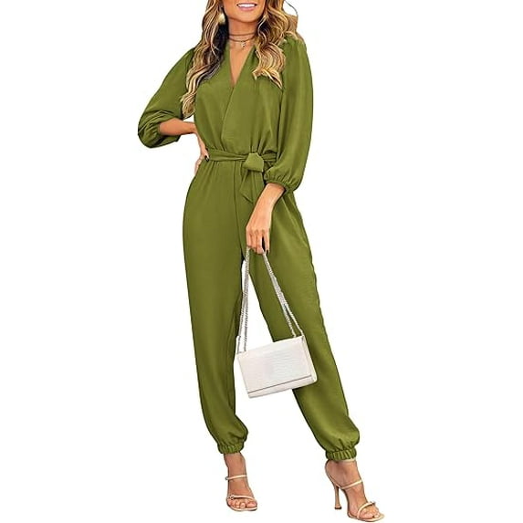 PRETTYGARDEN Women's Fall Jumpsuits Dressy Casual Pants Romper Spring Long Sleeve V Neck Belt Pockets One Piece Outfits