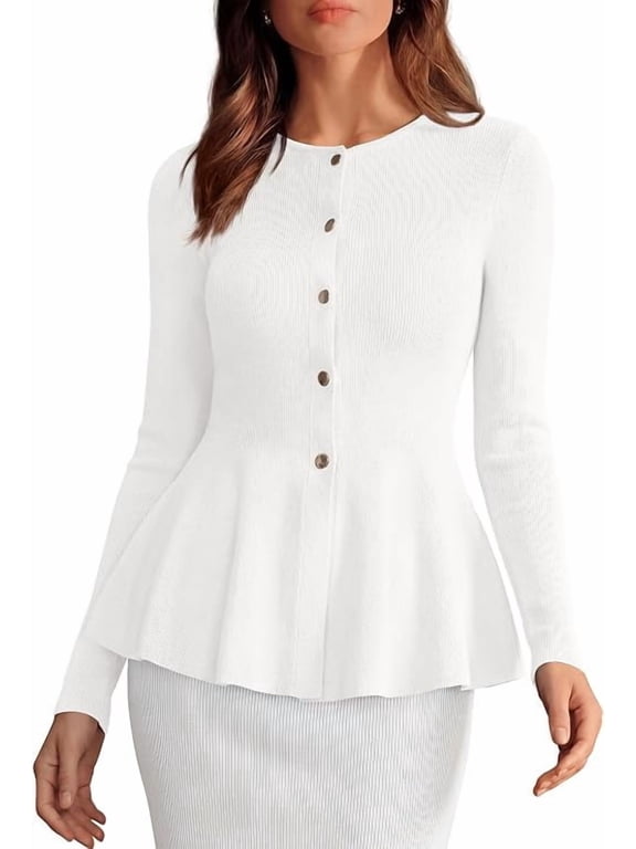 Women's Fall Lightweight Cardigan Sweaters | Long Sleeve Peplum Tops, Button Up, Slim Fitted, Flared Hem, Soft Ribbed Knit, Business Casual Outfits, Winter Trendy Clothes