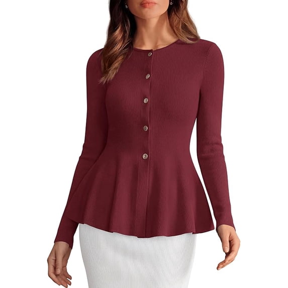 PRETTYGARDEN Women's Fall Lightweight Cardigan Sweaters | Long Sleeve Peplum Tops, Button Up, Slim Fitted, Flared Hem, Soft Ribbed Knit, Business Casual Outfits, Winter Trendy Clothes