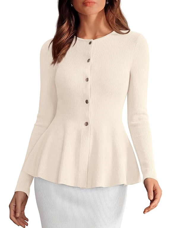 Women's Fall Lightweight Cardigan Sweaters | Long Sleeve Peplum Tops, Button Up, Slim Fitted, Flared Hem, Soft Ribbed Knit, Business Casual Outfits, Winter Trendy Clothes