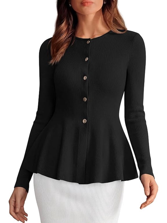 Women's Fall Lightweight Cardigan Sweaters | Long Sleeve Peplum Tops, Button Up, Slim Fitted, Flared Hem, Soft Ribbed Knit, Business Casual Outfits, Winter Trendy Clothes