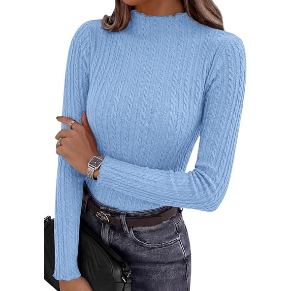 PRETTYGARDEN Women's Fall Long Sleeve Fitted Shirts | Comfy Stretchy Cable Knit, Trendy Lettuce Trim Mock Neck, Casual Basic Tees, Cute Layering Tops, Fashion Clothing