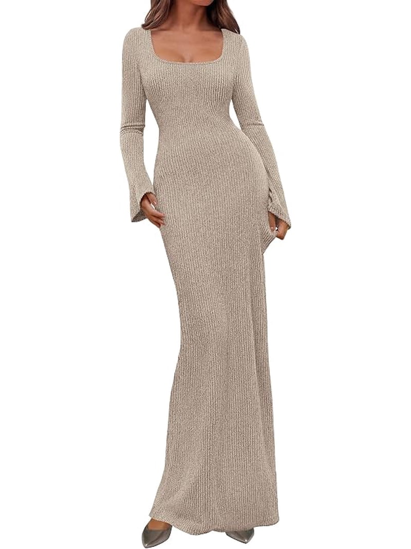 winter bodycon dress full length PRETTYGARDEN Women's Fall Long Sleeve Maxi Dresses Soft Stretchy Ribbed Knit, Bell Sleeve Square Neck Mermaid, Elegant Long Dress, Wedding Guest Party, Clothing Neckline: Boat