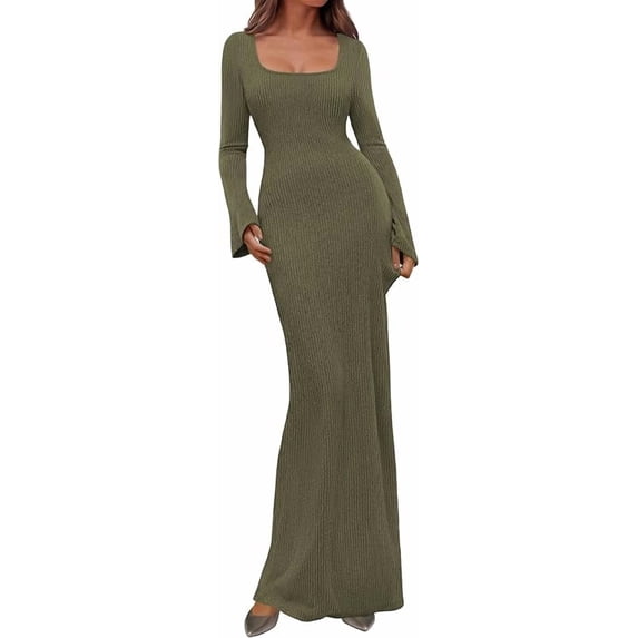 PRETTYGARDEN Women's Fall Long Sleeve Maxi Bodycon Dresses Soft Stretchy Ribbed Knit, Bell Sleeve Square Neck Mermaid, Elegant Long Dress, Wedding Guest Party, Winter Clothing
