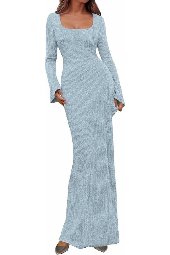Women's Fall Long Sleeve Maxi Bodycon Dresses Soft Stretchy Ribbed Knit, Bell Sleeve Square Neck Mermaid, Elegant Long Dress, Wedding Guest Party, Winter Clothing