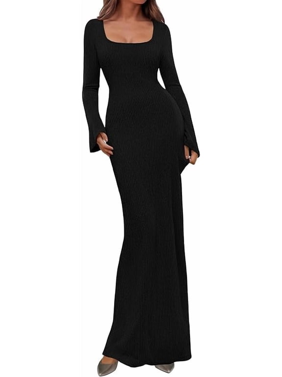 Women's Fall Long Sleeve Maxi Bodycon Dresses Soft Stretchy Ribbed Knit, Bell Sleeve Square Neck Mermaid, Elegant Long Dress, Wedding Guest Party, Winter Clothing