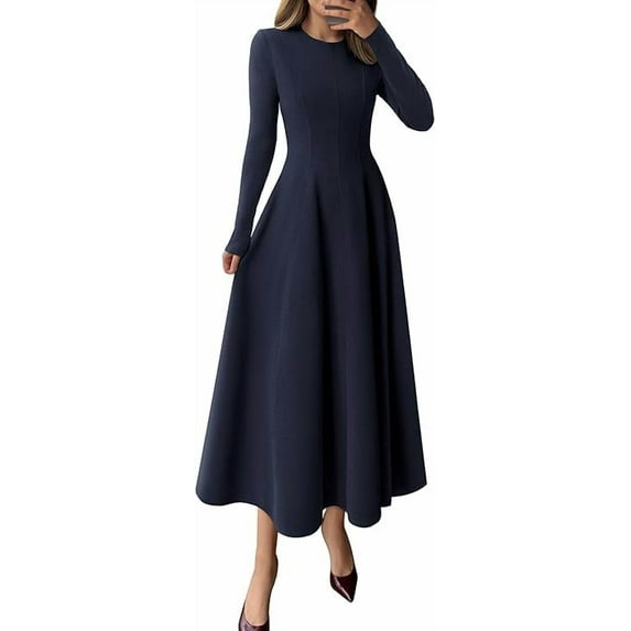 PRETTYGARDEN Women's Fall Long Sleeve Midi Dress Casual Elegant Ruffle Flowy A Line Swing Cocktail Party Dresse